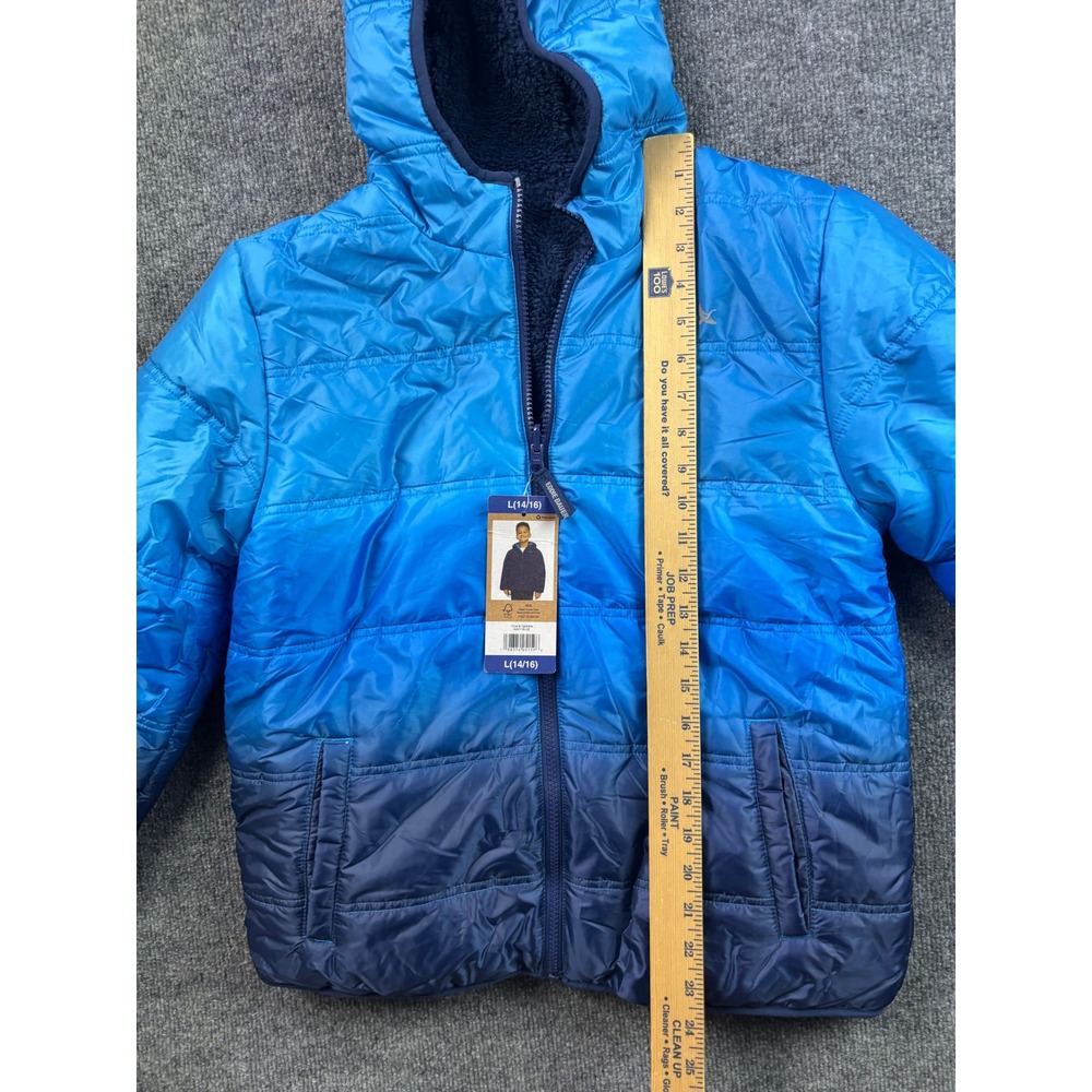 Eddie Bauer Reversible Jacket Kids L 14/16 Blue Sherpa Lined Puffer Hooded NWT - Picture 2 of 4